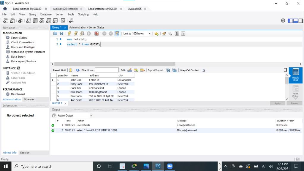 Using the hoteldb schema, write SQL that will provide a list of