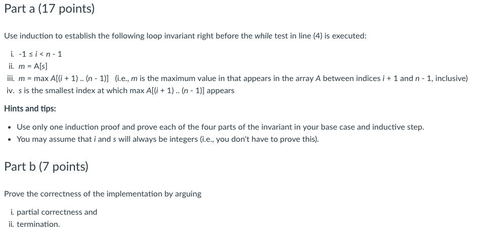 array A[O. (n-1)] of n integers. Output: The smallest index s such