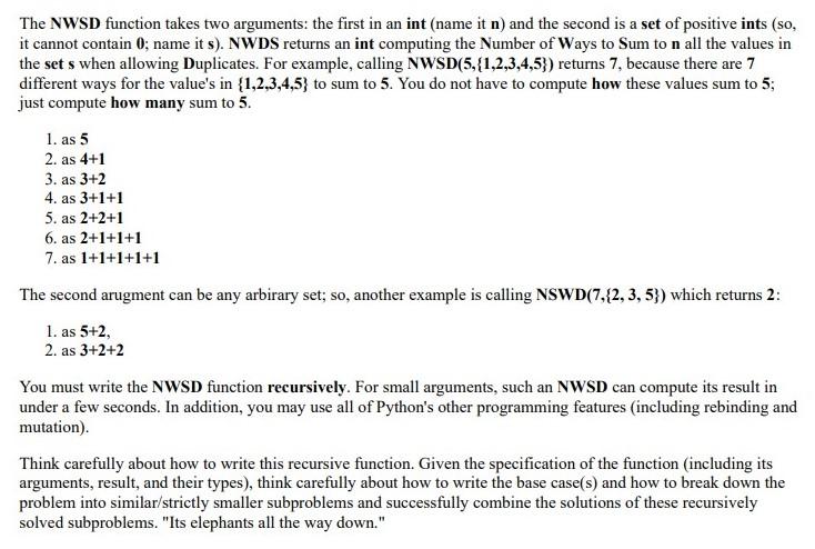  Python pls def NWSD(n : int, s : {int}) -> int: