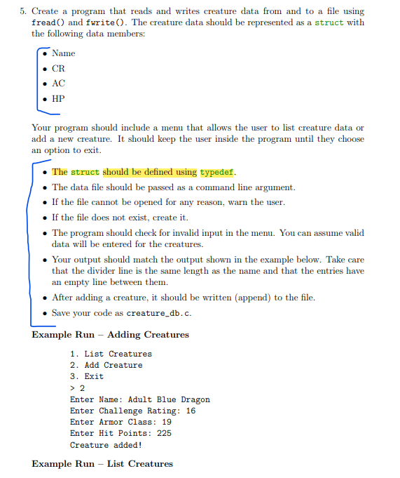  5. Create a program that reads and writes creature data from