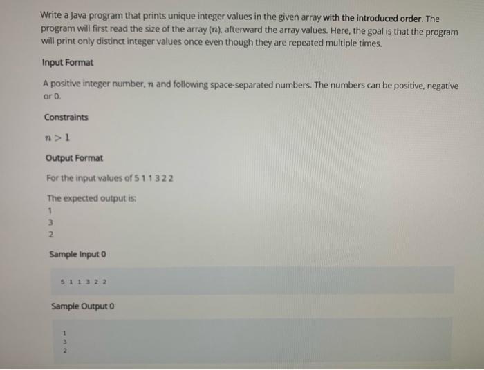 help me please Write a Java program that prints unique integer values