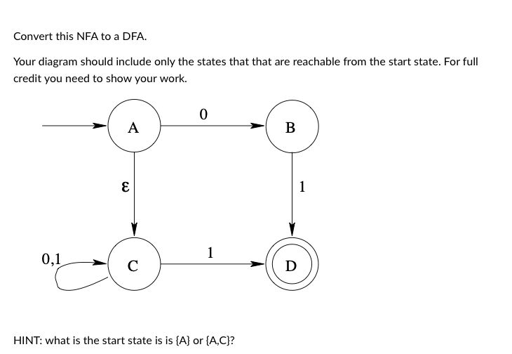  Convert this NFA to a DFA. Your diagram should include only
