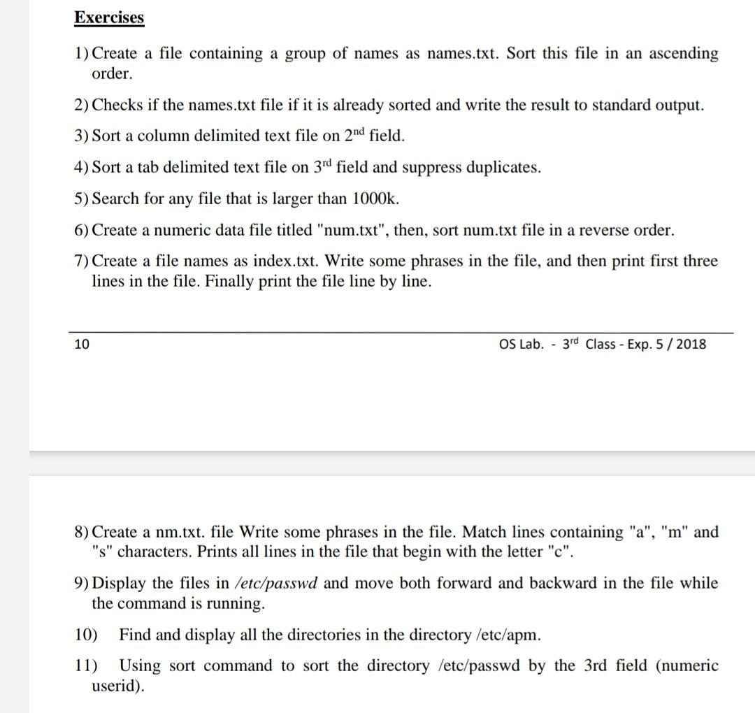 Solve with linux ubuntu , please Exercises 1) Create a file containing