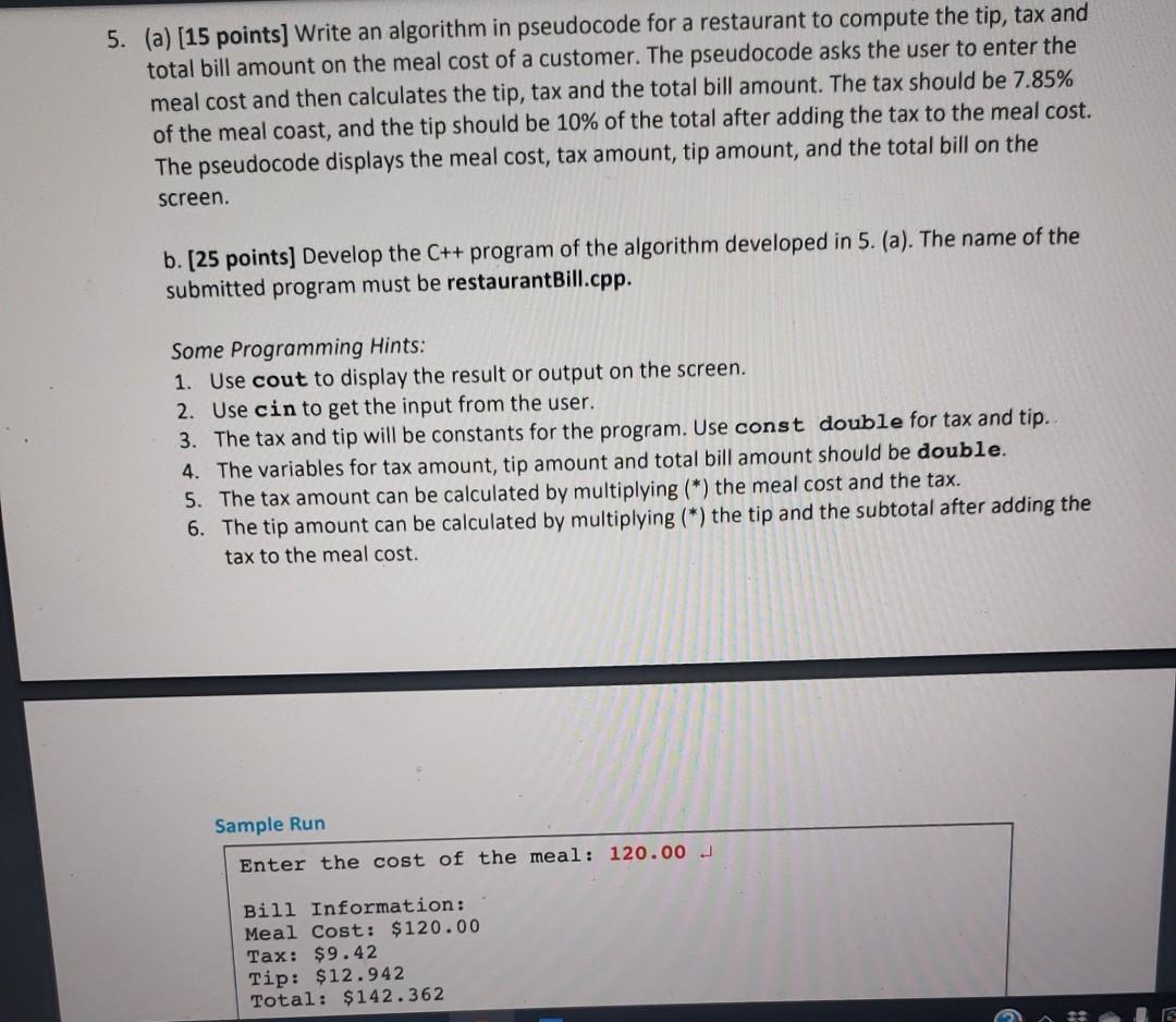  5. (a) (15 points] Write an algorithm in pseudocode for a