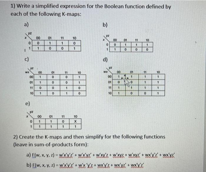  1) Write a simplified expression for the Boolean function defined by
