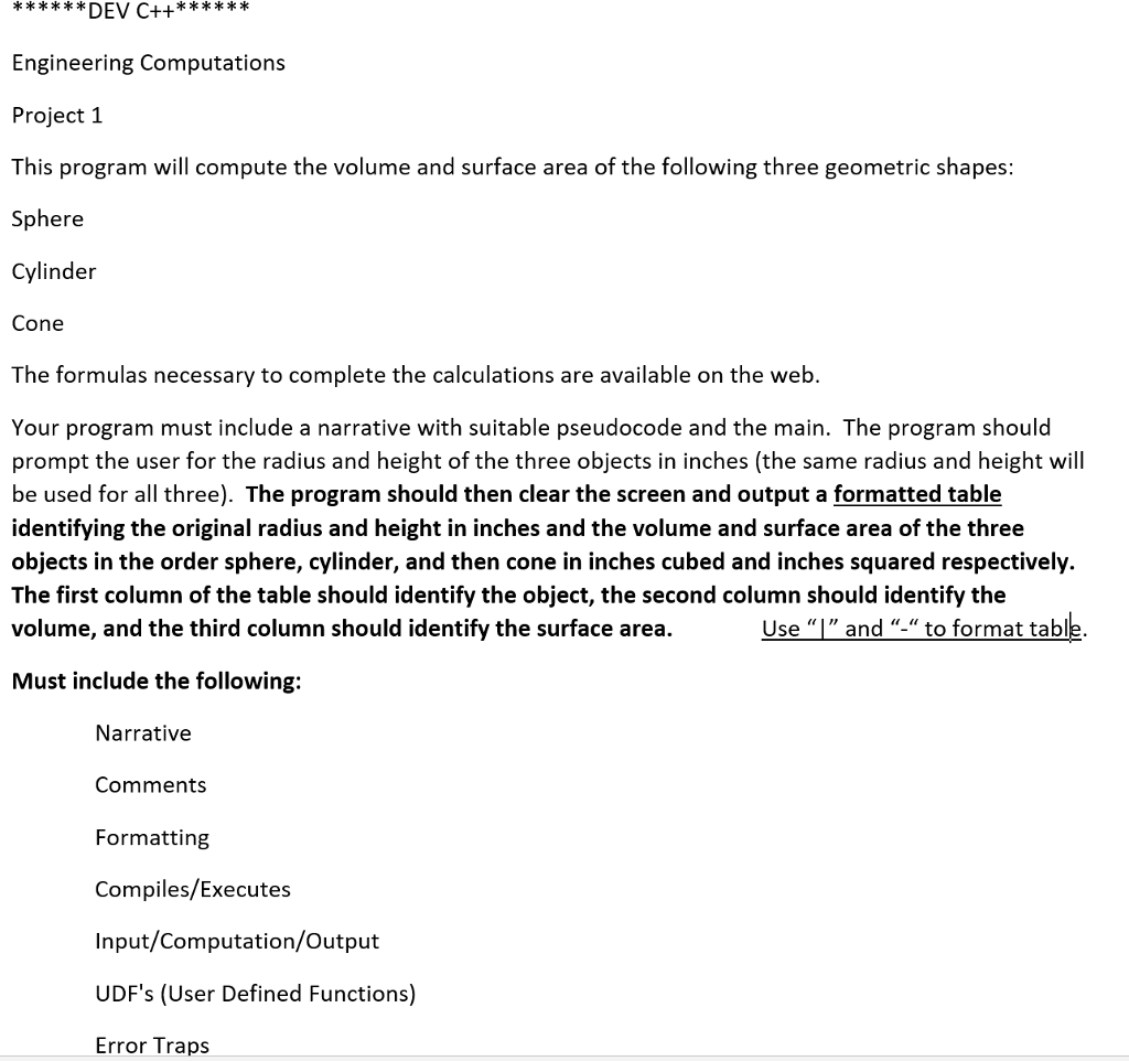  Engineering Computations Project 1 This program will compute the volume and