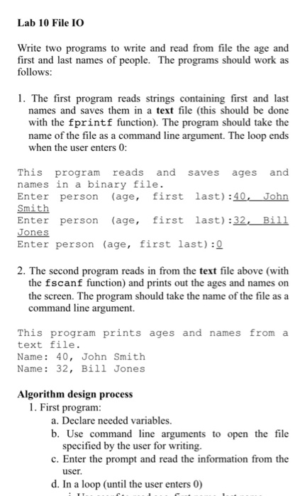  Code in C Lab 10 File IO Write two programs to
