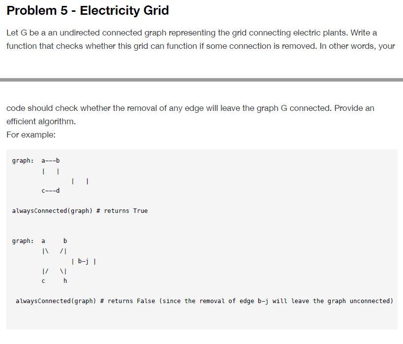  in Python Problem 5 - Electricity Grid Let G be a