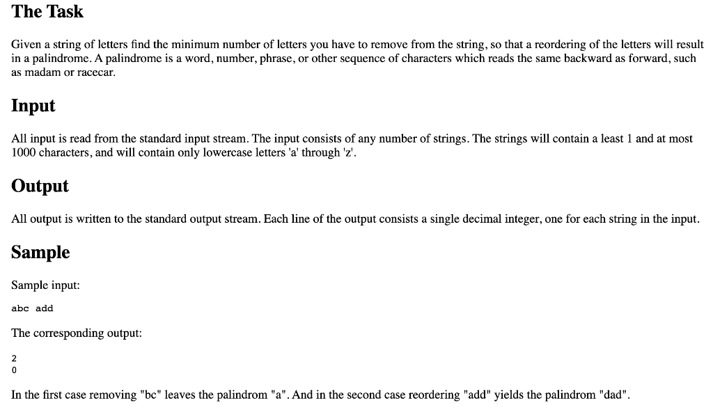 in Java The Task Given a string of letters find the minimum