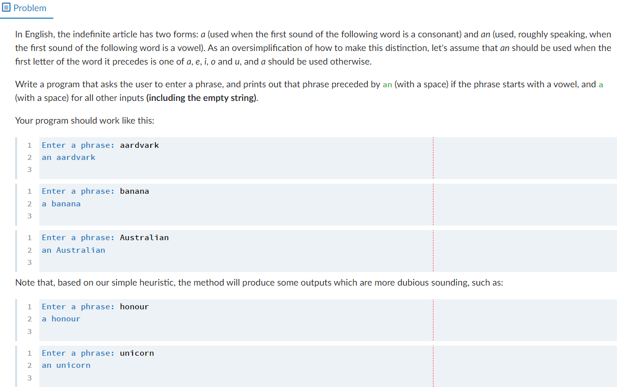  Python plz! Problem In English, the indefinite article has two forms: