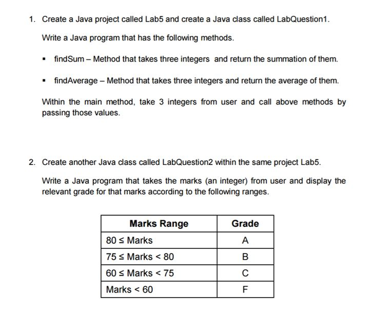  1. Create a Java project called Lab5 and create a Java