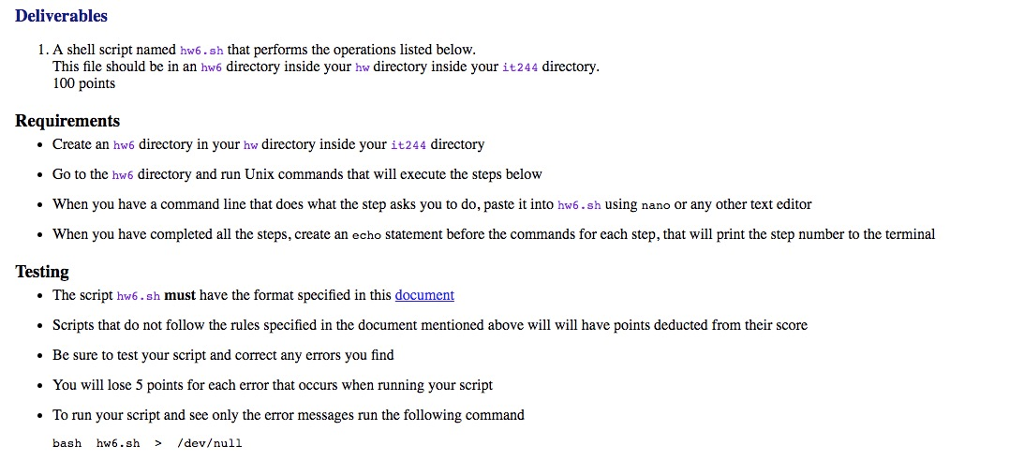66666 Deliverables 1. A shell script named hw6.sh that performs the operations