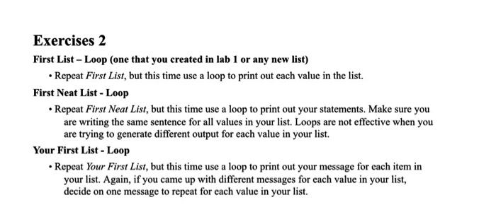  Exercises 2 First List - Loop (one that you created in
