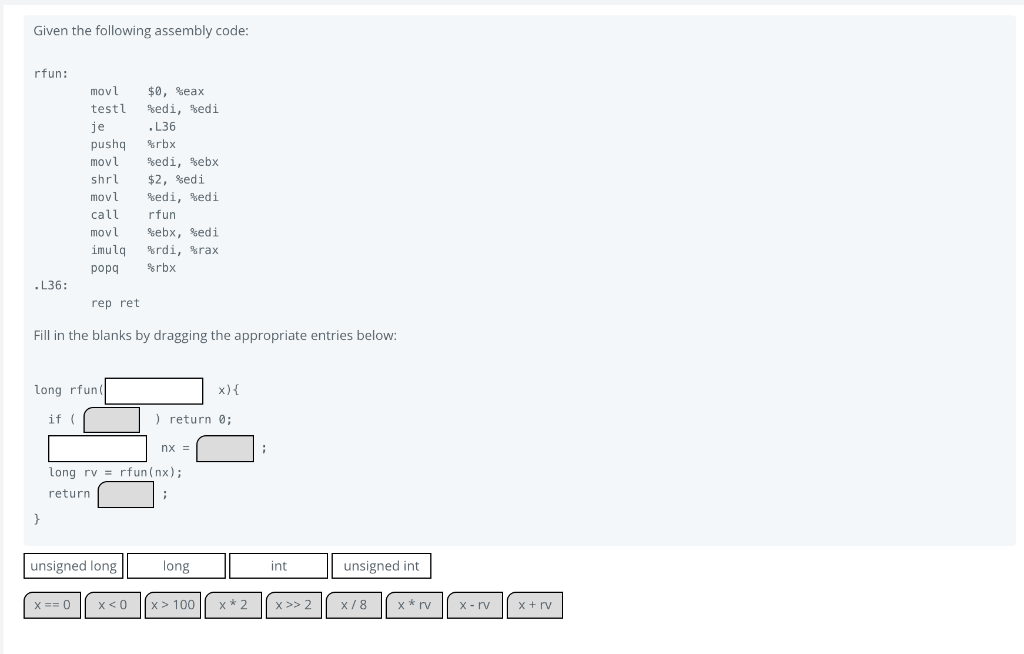 Given the following assembly code: rfun: movl $0, Seax test %edi,
