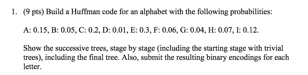 1. (9 pts) Build a Huffman code for an alphabet with
