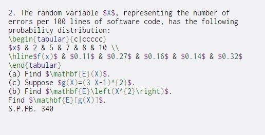  2. The random variable $X$, representing the number of errors per