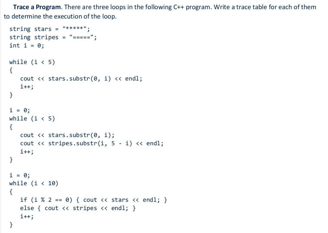 Trace a Program. There are three loops in the following C++