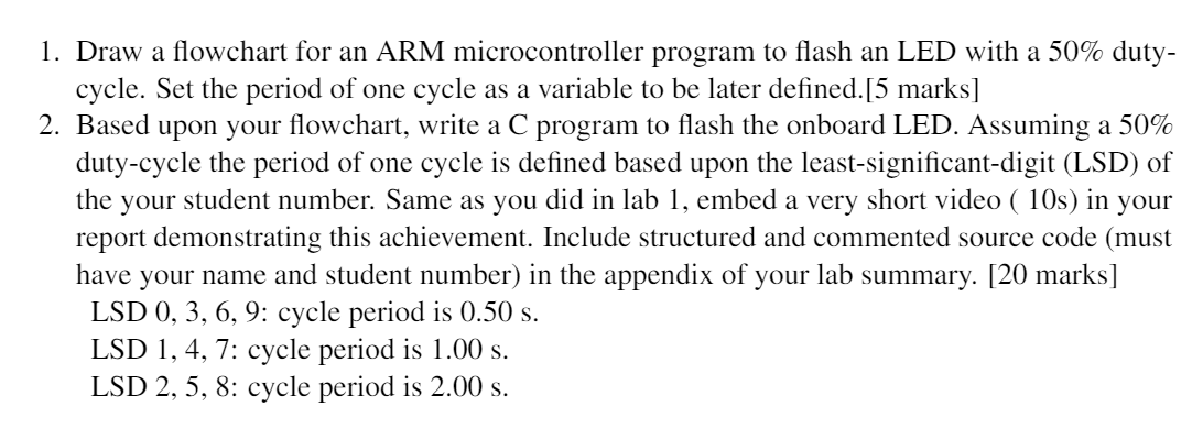 1. Draw a flowchart for an ARM microcontroller program to flash