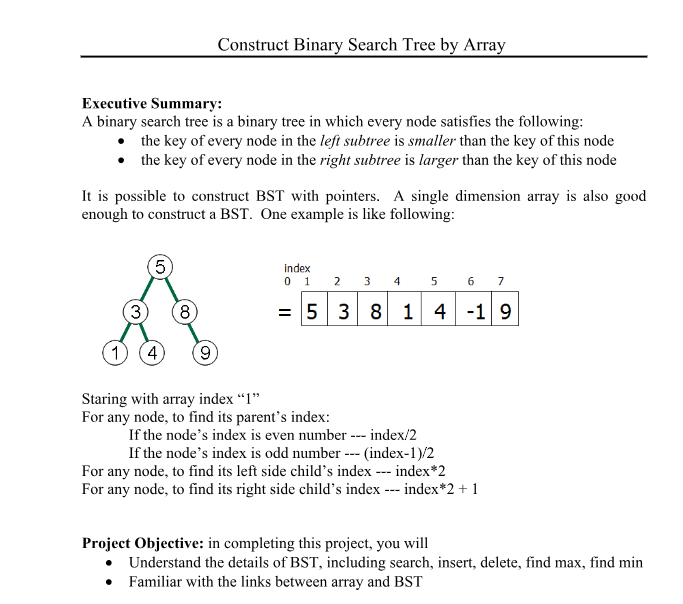  *************************************************PLEASE USE AN ARRAY AND NOT A POINTER***************************************************** Construct Binary Search