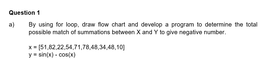  Question 1 a) By using for loop, draw flow chart and