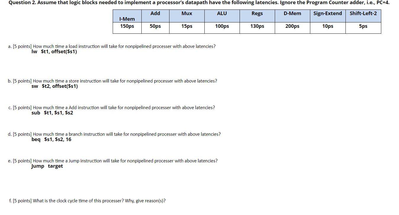 Question 2. Assume that logic blocks needed to implement a processor's