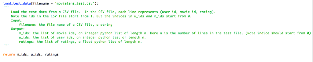  Load test data(filename movielens test.csv Load the test data from a