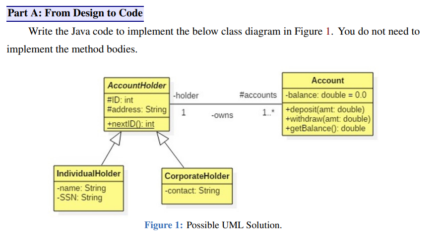 Write the java code to implement the below class diagram. Part A: