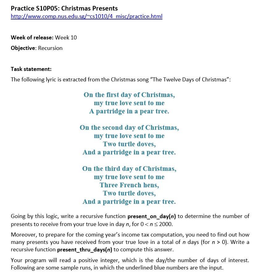 C Code - Recursion Skeleton Code: /********************************************************** Program: presents.c ************************************************************/ #include ???