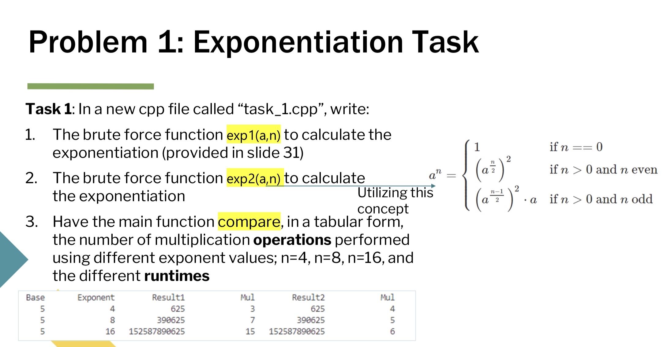  Problem 1: Exponentiation Task Task 1: In a new cpp file