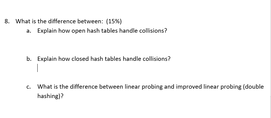  What is the difference between: (15%) a. Explain how open hash