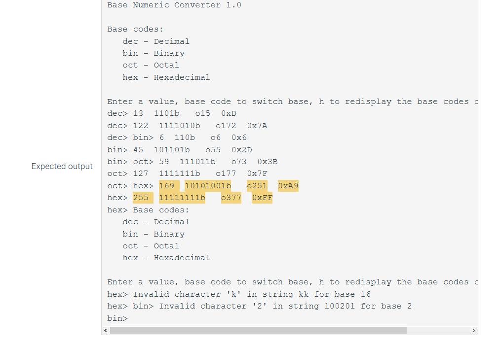 codes:") print(" dec - Decimal") print(" bin - Binary") print(" oct -
