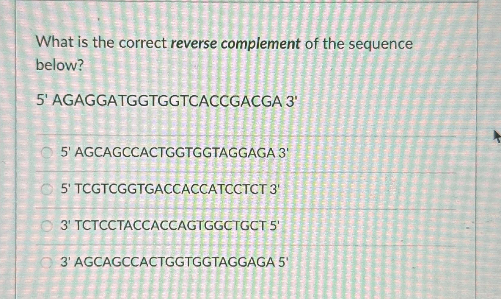  What is the correct reverse complement of the sequence below? 5'