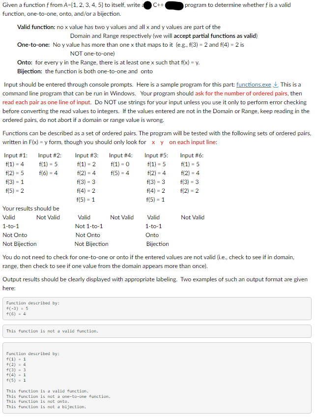 Please code this in C++ Given a function f from A={1,2,3,4,5} to