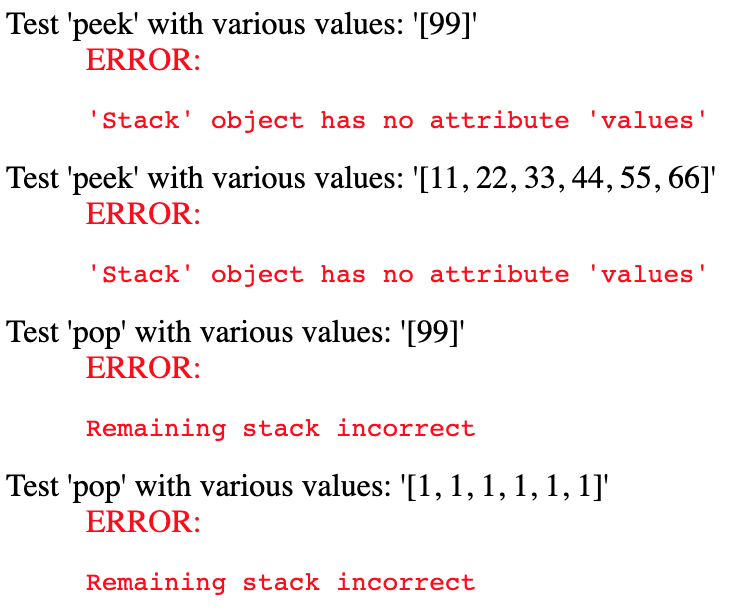 of errors. Cheers. Here's my code: def pop(self): """ ------------------------------------------------------- Pops and