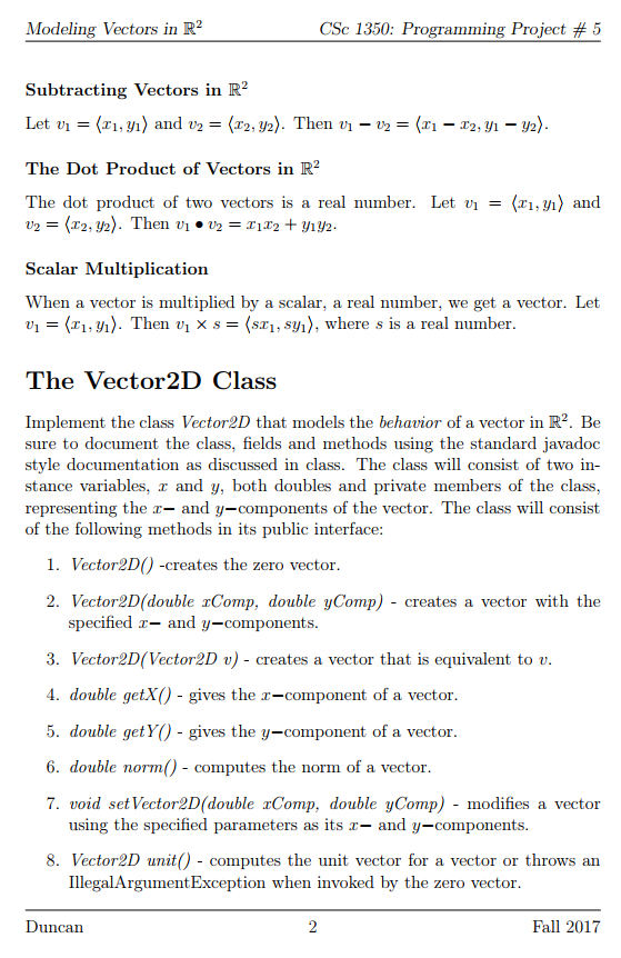 R2 CSc 1350: Programming Project # 5 Implementing a 2-D Vector Clas:s