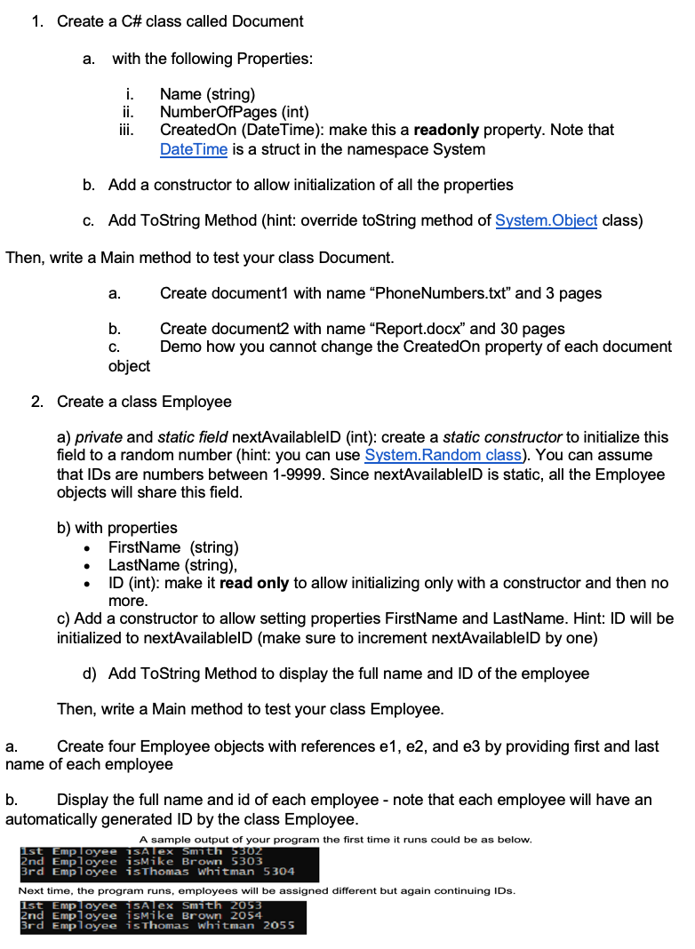  Question 2 please 1. Create a C# class called Document a.
