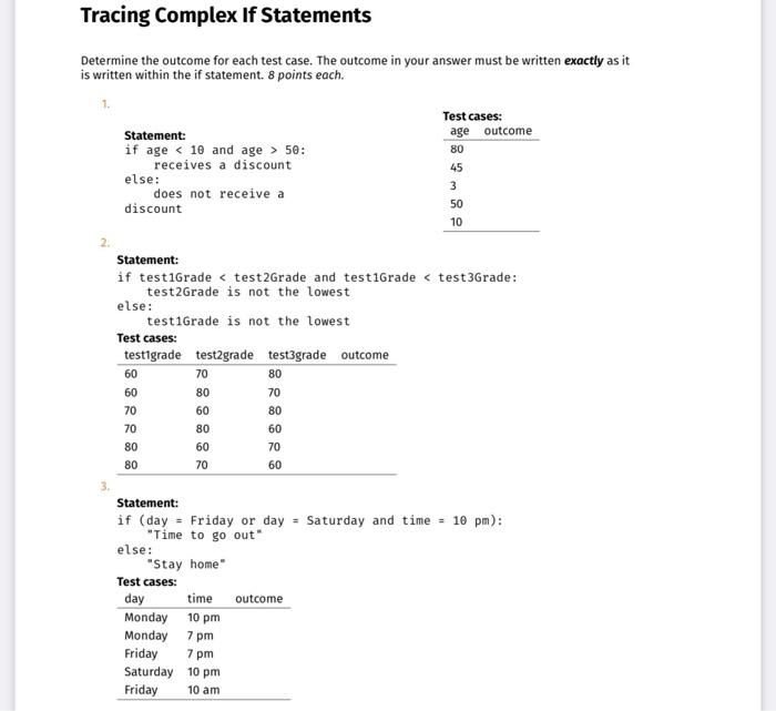  Tracing Complex If Statements Determine the outcome for each test case.