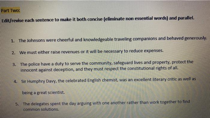  Part Two: Edit/revise each sentence to make it both concise (eliminate
