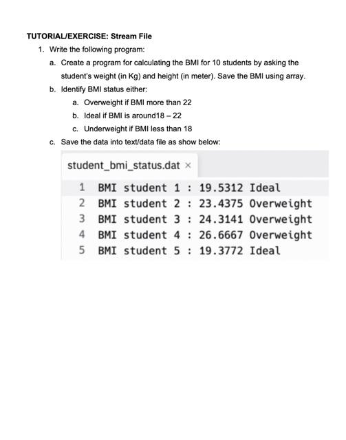  TUTORIAL/EXERCISE: Stream File 1. Write the following program: a. Create a