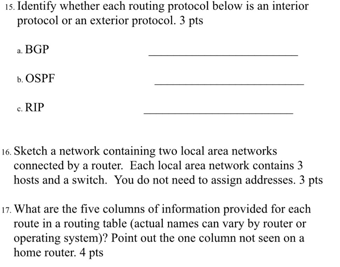  1s. Identify whether each routing protocol below is an interior protocol