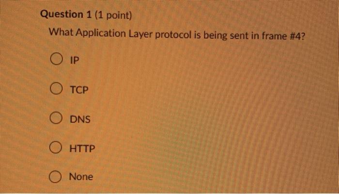  Question 1 (1 point) What Application Layer protocol is being sent