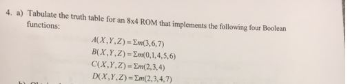 4. a) Tabulate the truth table for an 8x4 ROM that