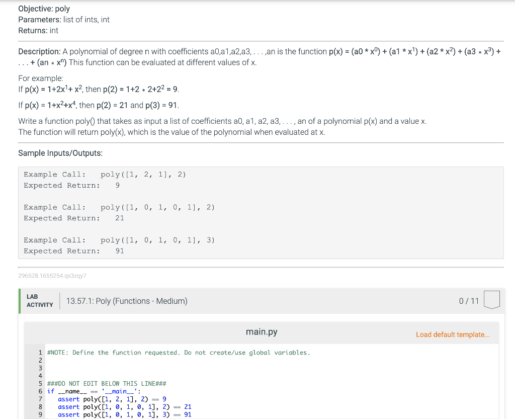 Python Please Objective: poly Parameters: list of ints, int Returns: int Description: