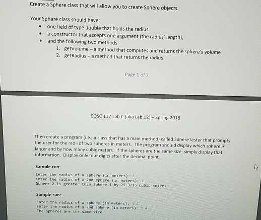 In java please, Create a Sphere class that will allow you to