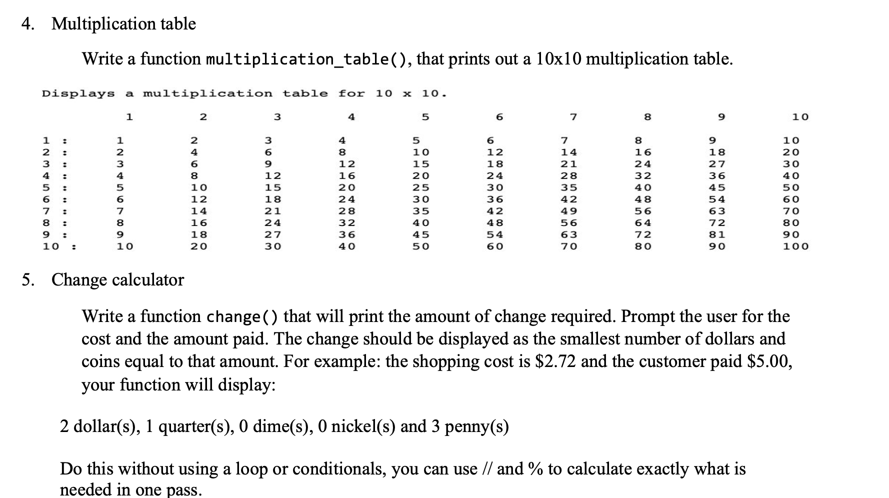 using python: 4. Multiplication table Write a function multiplication_table(), that prints out