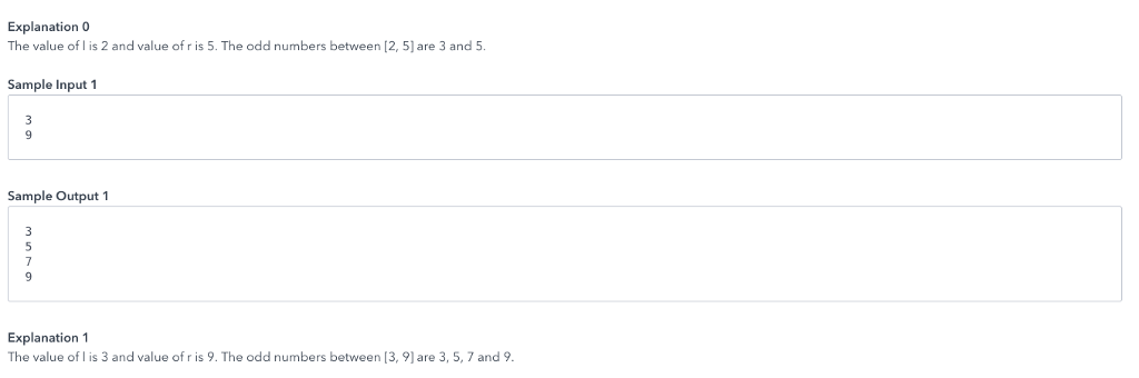 } Given two integers, and r, print all the odd numbers between