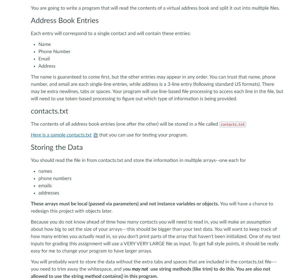  Contacts.text contains in java You are going to write a program