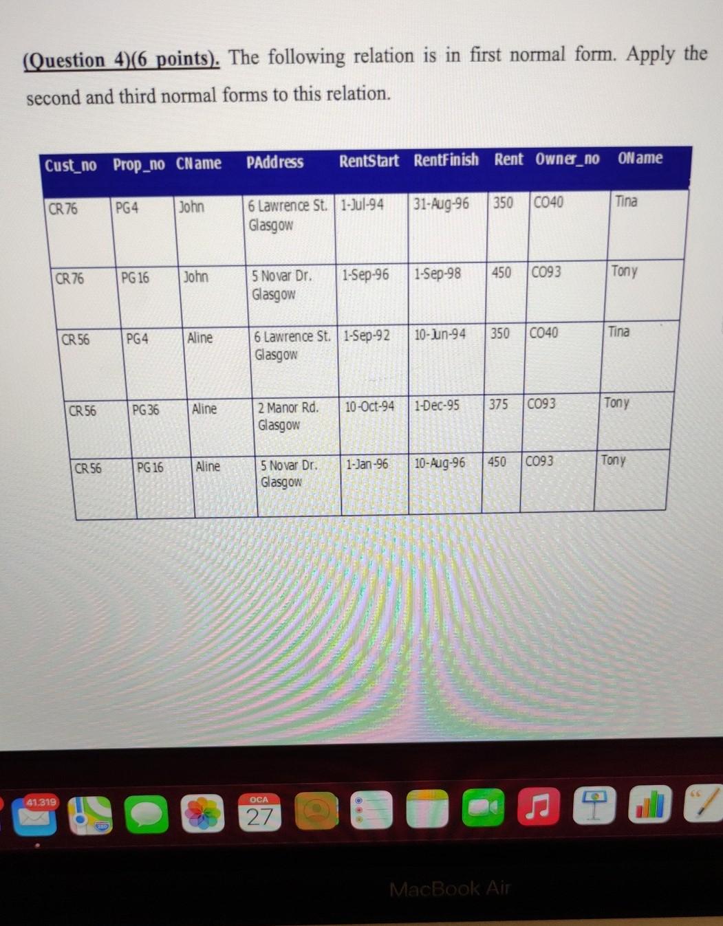  (Question 4)(6 points). The following relation is in first normal form.