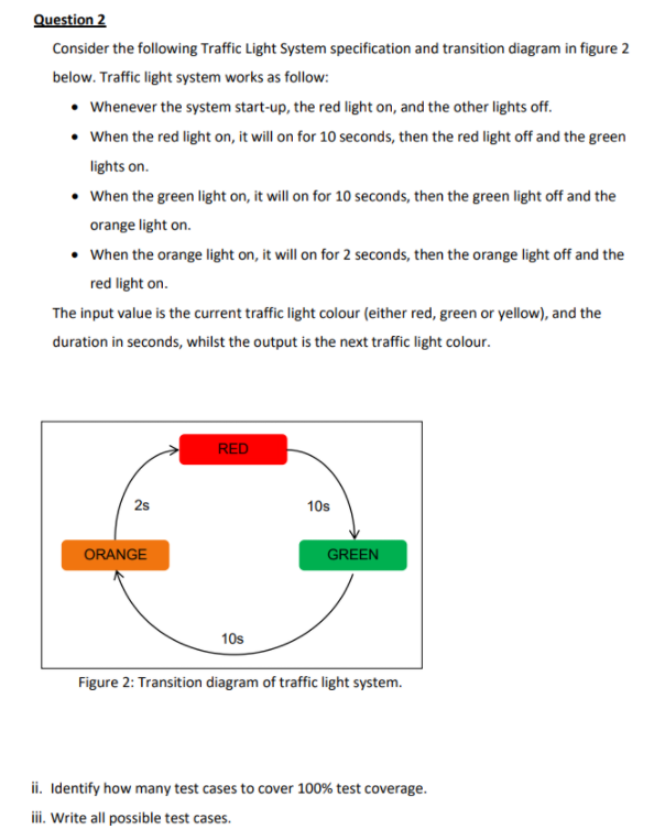 Question 2 Consider the following Traffic Light System specification and transition