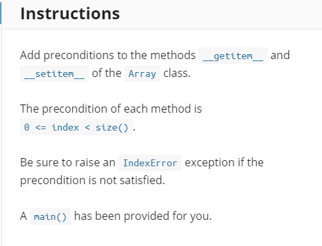 python Add preconditions to the methods __getitem__ and __setitem__ of the Array